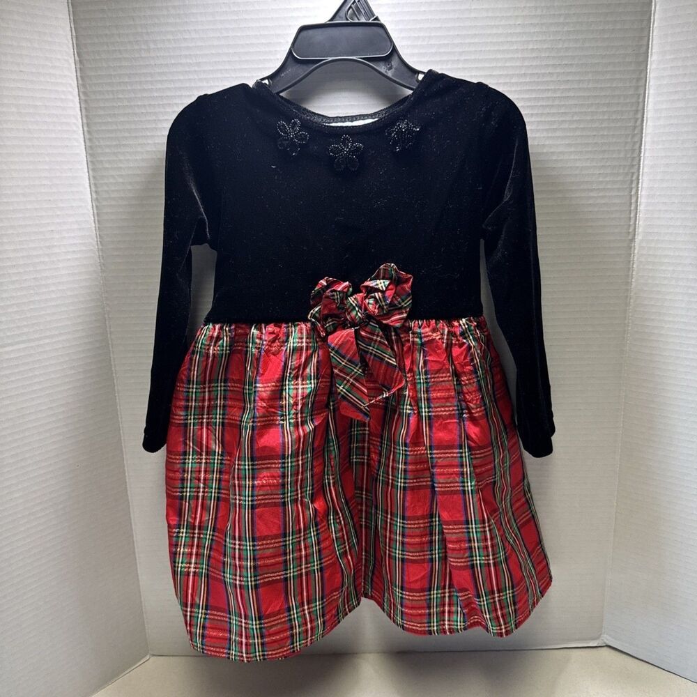 Vintage Red Black Plaid Velvet Taffeta Girl's Party Dress Full Skirt Tulle Sz 3T